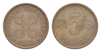 Финляндия 5 пенни 1969 KM 45 медь 4647-259