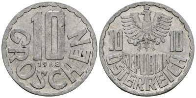 Австрия 10 грошей 1968 KM 2878 алюминий 4138-415
