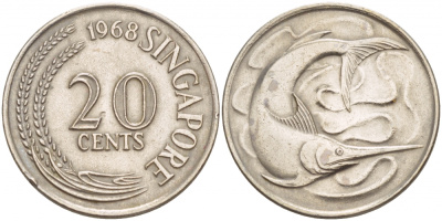 СИНГАПУР 20 ЦЕНТОВ 1968 ГОЛУБОЙ МАРЛИН, ТУНЕЦ KM 4 медно-никель 4548-351