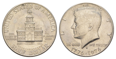 США 1/2 доллара (50 центов) 1976 D, 200 лет независимости, Джон Кеннеди KM 205 медь плакированная медно-никелем aUNC 4545-1131