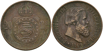 Бразилия 20 рейсов 1869 Педро II (1831-1889) KM 474 бронза 92-824