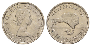 Новая Зеландия 1 флорин = 2 шиллинга 1962 Елизавета II (1952-2022), птичка киви KM 28.2 медно-никель UNC 4650-814