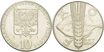 Польша 10 злотых 1971 FAO, продовольственная программа, рыбы KM 63 медно-никель 77-356