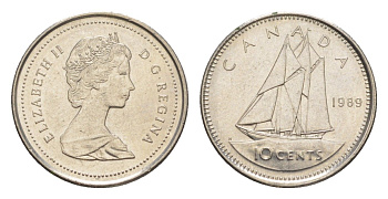 Канада 10 центов 1989 Елизавета II (1952-2022), парусник KM 77 никель UNC 4639-652