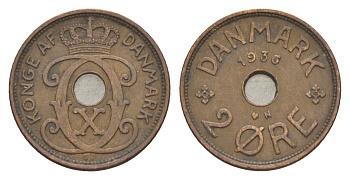 Дания 2 эре 1936 N, Кристиан X (1912-1947) KM 827 бронза 4639-752