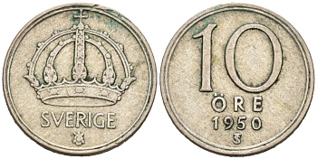 Швеция 10 эре 1950 Густав VI Адольф (1950-1973) KM 823 серебро 4564-742