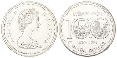 Канада 1 доллар 1974 100 лет городу Виннипег, в оригинальной коробке KM 88a серебро BU 8-2-05-33