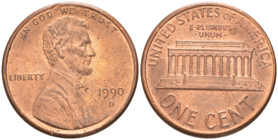 США 1 ЦЕНТ 1990 D KM 201b ЛИНКОЛЬН медь цинк UNC 187-667