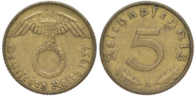 Германия 5 рейхспфеннигов 1937 A KM 91, J. 363 алюминиевая бронза 4602-1252