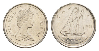 Канада 10 центов 1989 Елизавета II (1952-2022), парусник KM 77 никель UNC 4639-652