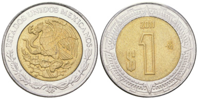 Мексика 1 песо 2011 Mo KM 603 биметалл 4611-848