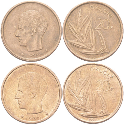 Бельгия набор из 2 монет разных годов (20 франков) 1980 и 1993 Belgie, Бодуэн I (1951-1993) KM 160 никель бронза 4143-813-814