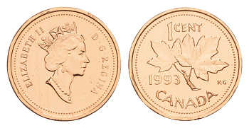Канада 1 цент 1993 Елизавета II (1952-2022), кленовый лист KM 181 бронза PROOF-LIKE (BU) 4639-368