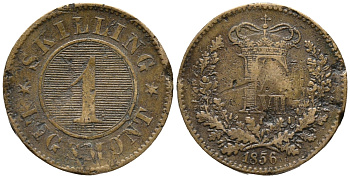 ДАНИЯ 1 СКИЛЛИНГ 1856 ФРЕДЕРИК VII (1848-1863) KM 763 (C135) бронза 67-224