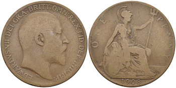 Великобритания 1 пенни 1908 Эдуард VII (1901-1910) KM 794.2, Spink 3990 бронза 82-141