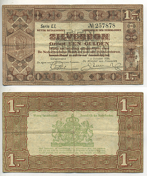 Нидерланды 1 гульден 1938 серебряный ваучер, в серии 2 буквы, 6 цифр Pick 61, Akkermans 4.1 b  бумага 7553-24-2