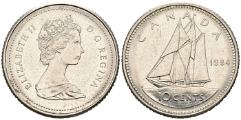 Канада 10 центов 1984 Елизавета II (1952-), парусник КМ 77 никель 4564-1256