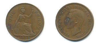 Великобритания 1 пенни 1938 Георг VI (1936-1952) KM 845, Spink 4114 бронза 89-134
