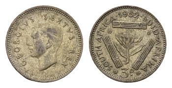 ЮАР 3 пенса 1952 Георг VI (1936-1952) KM 35.2 серебро 4549-1243