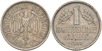 ФРГ 1 марка 1980 F KM 110, J. 385 медно-никель 4159-1146