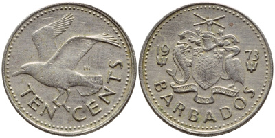 Барбадос 10 центов 1979 смеющаяся (Ацтекская) чайка KM 12 медно-никель 4396-1217