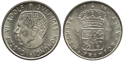 Швеция 2 кроны 1966 U, Густав VI Адольф (1950-1973) KM 827 серебро UNC 221-613