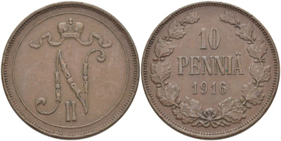 РОССИЯ ДЛЯ ФИНЛЯНДИИ 10 ПЕННИ 1916 НИКОЛАЙ II (1894-1917) KM 14, Биткин 439 медь 4536-845