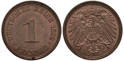ГЕРМАНИЯ 1 ПФЕННИГ 1892 A KM 10, J. 10 медь UNC 413-3732
