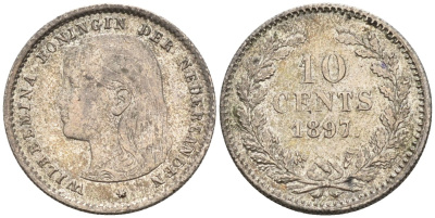 Нидерланды 10 центов 1897 Вильгельмина (1890-1948), редкая KM 116 серебро 1528-414