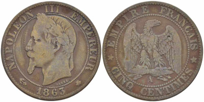Франция 5 сантимов 1863 A, Наполеон III (1852-1870) KM 797.1, Le Franc 117.8 бронза 108-536