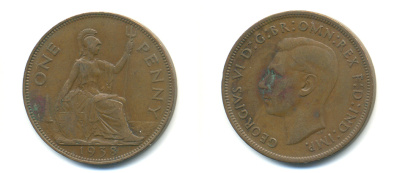 Великобритания 1 пенни 1938 Георг VI (1936-1952) KM 845, Spink 4114 бронза 89-134