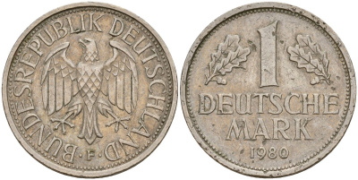 ФРГ 1 марка 1980 F KM 110, J. 385 медно-никель 4159-1146