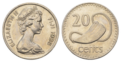 Фиджи 20 центов 1985 Елизавета II (1952-2022), китовый зуб KM 31 медно-никель aUNC 4545-736