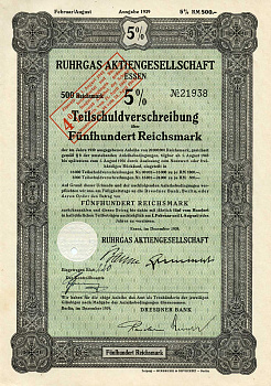 Германия 500 рейхсмарок 1939 Акционерное общество Рургас Эссен, 5% -ное частичное долговое обязательство с маркой конвертации под 4% -ную процентную ставку, облигация   бумага  8804-15-1