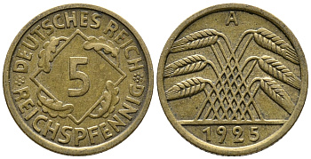 Германия 5 рейхспфеннигов 1925 A KM 39, J. 316, Weege 7 алюминиевая бронза 39-547