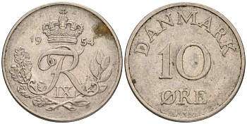 ДАНИЯ 10 ЭРЕ 1954 N; S, ФРЕДЕРИК IX (1947-1972) KM 841.1 медно-никель 4528-762
