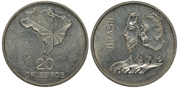 Бразилия 20 крузейро 1972 150 лет независимости KM 583 серебро 272-412