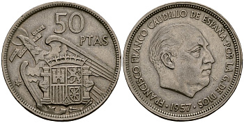 Испания 50 песет 1957 Франсиско Франко (1939-1975) KM 788 медно-никель 4165-1022