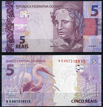 Бразилия 5 реал 2010 голова Республики, цапля Pick 253 a бумага UNC (пресс) 447-30-2