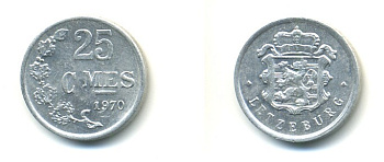 Люксембург 25 сантимов 1970 Герцог Жан (1964-1999) KM 45a.1 алюминий 80-324