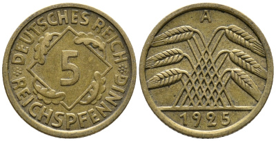 Германия 5 рейхспфеннигов 1925 A KM 39, J. 316, Weege 7 алюминиевая бронза 39-547