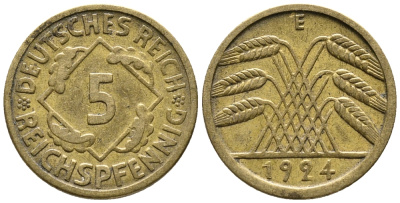 ГЕРМАНИЯ 5 РЕЙХСПФЕННИГОВ 1924 E KM 39, J. 316 алюминиевая бронза 39-534
