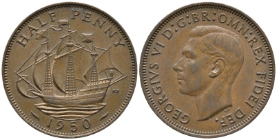 Великобритания 1/2 пенни 1950 Георг VI (1936-1952) KM 868, Spink 4118 бронза 34-1033