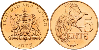 Тринидад и Тобаго 5 центов 1975 FM, райская птица KM 26 бронза PROOF 4161-1014
