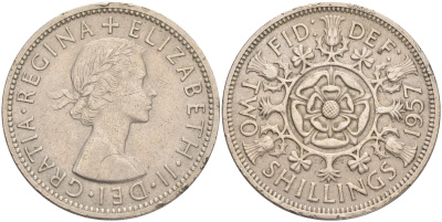 Великобритания 2 шиллинга (флорин) 1957 Елизавета II (1952-2022) KM 906, Spink 4146 медно-никель 189-634