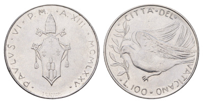 Ватикан 100 лир 1975 MCMLXXV KM 122 нержавеющая сталь 4641-1151