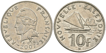 Французская Новая Каледония 10 франков 2007 рыбачья парусная лодка, (IEOM) KM 11a, Schoen 13a, Lec 99k медно-никель 57-1333