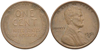 США 1 ЦЕНТ 1951 D, ЛИНКОЛЬН KM А132 медь цинк 218-563