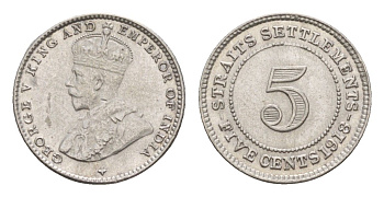 Стрейтс-Сетлментс (Стрейтс Сетлментс) 5 центов 1918 Георг V (1910-1936) KM 31 серебро 1521-813