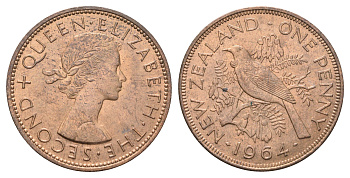 Новая Зеландия 1 пенни 1964 Елизавета II (1952-2022), новозеландский туи KM 24.2 бронза aUNC 4587-1126
